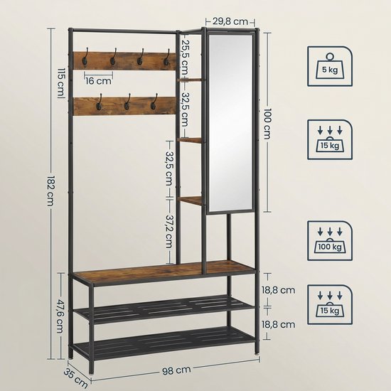 Afmetingen van een industriële kapstok met bruine houten planken, zwart metalen frame, spiegel en schoenenrek. Met indicaties voor gewicht en afmetingen.