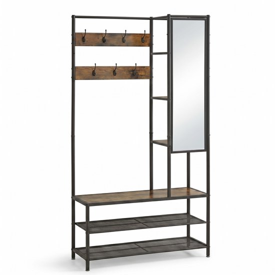 Industriële kapstok met spiegel, schoenenrek en haken. Heeft bruine houten planken en een zwart metalen frame.