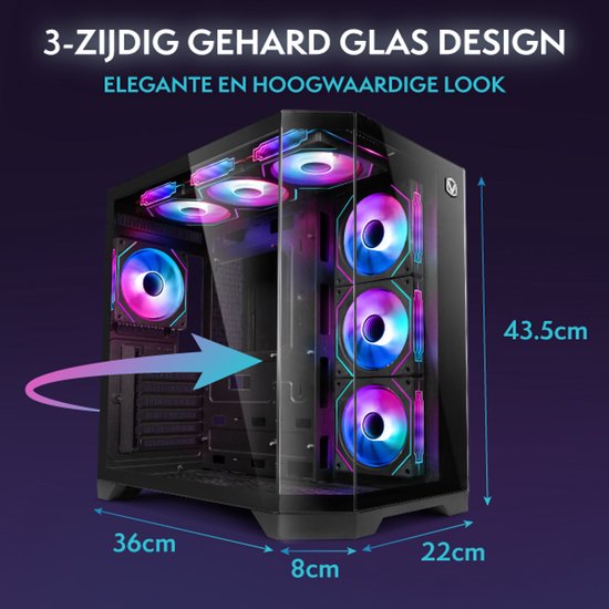Gaming pc met 3-zijdig glazen ontwerp, 36cm breed, 22cm diep en 43.5cm hoog.