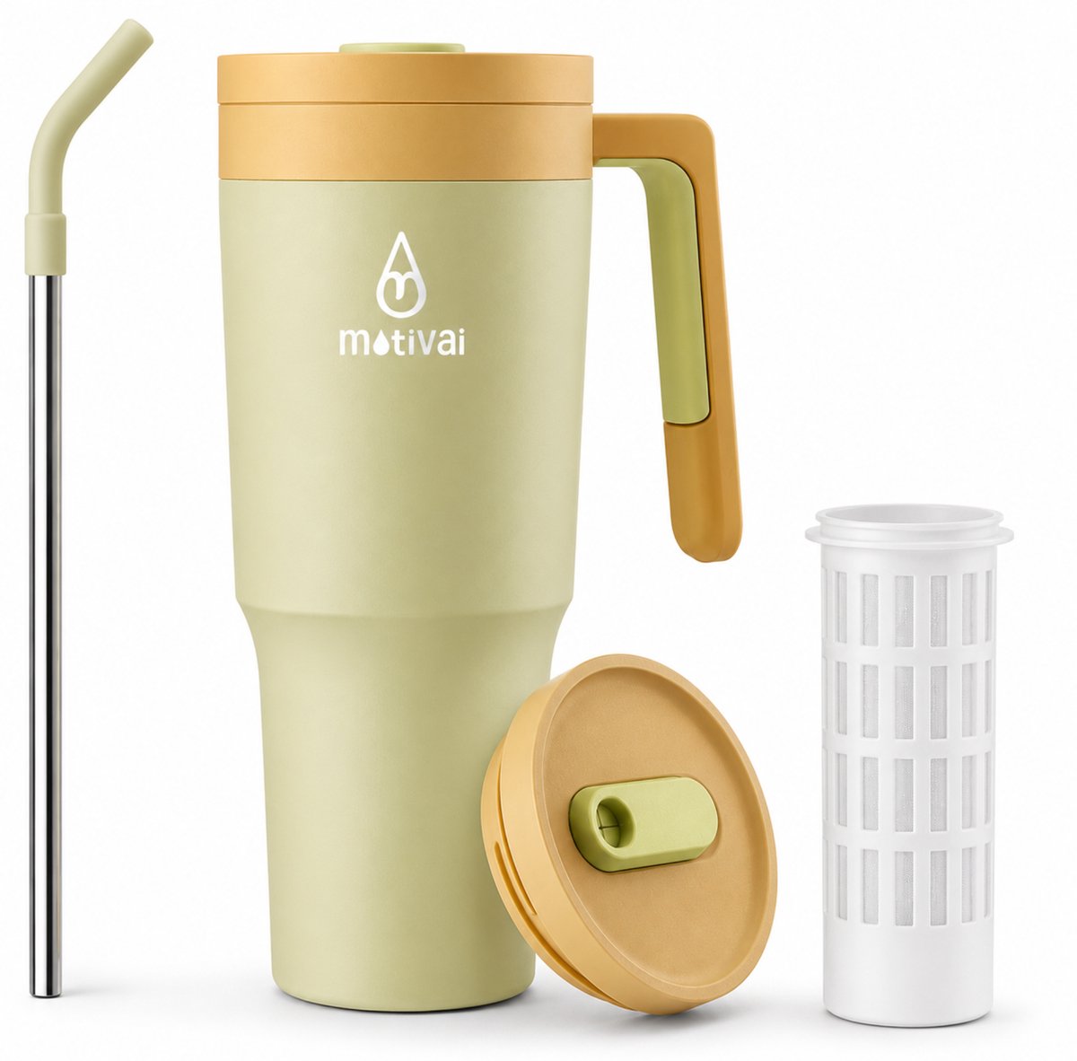 Motivai Travel Cup RVS Thermosbeker met Handvat & Rietje – 1.2L (40oz) – Lekvrij & Dubbelwandig – Drinkbeker To Go – Thermosfles Waterfles – Zand Geel