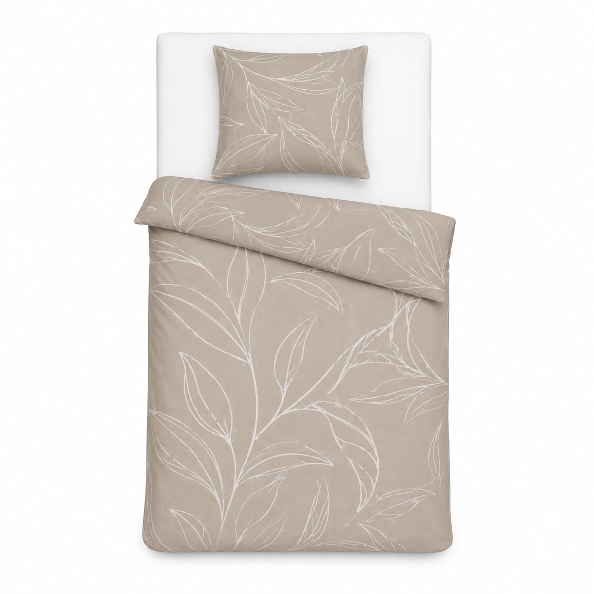 Mistral Dekbedovertrek - 140x200 cm - Taupe met Bladeren Print – Eenpersoons Dekbedovertrek van 100% Gewassen Katoen – Zacht, Ademend en Comfortabel Beddengoed – Inclusief 1 Katoenen Kussensloop – Luxe Taupe Bedtextiel voor Slaapkamer