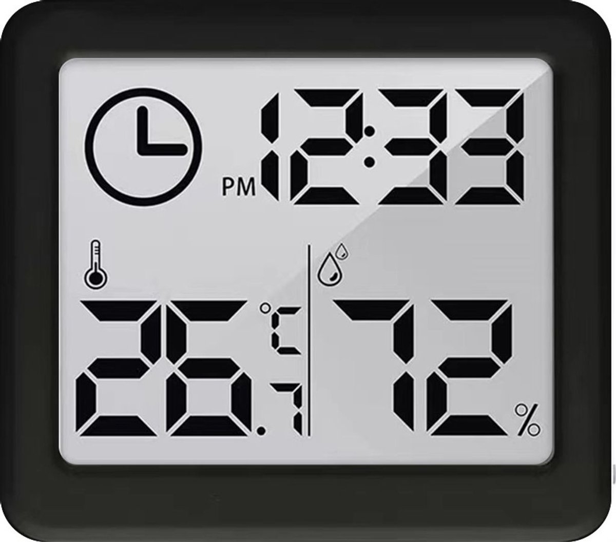 Digitale thermometer en hygrometer met klokfunctie, die de omgevingstemperatuur en -vochtigheid weergeeft (zwart).