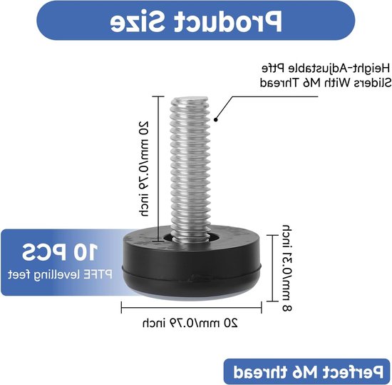10 x PTFE niveauvoeten M6 - verstelbare meubelpootjes - schroefglijders voor meubels - antislip voeten voor stabiliteit — afbeelding 5