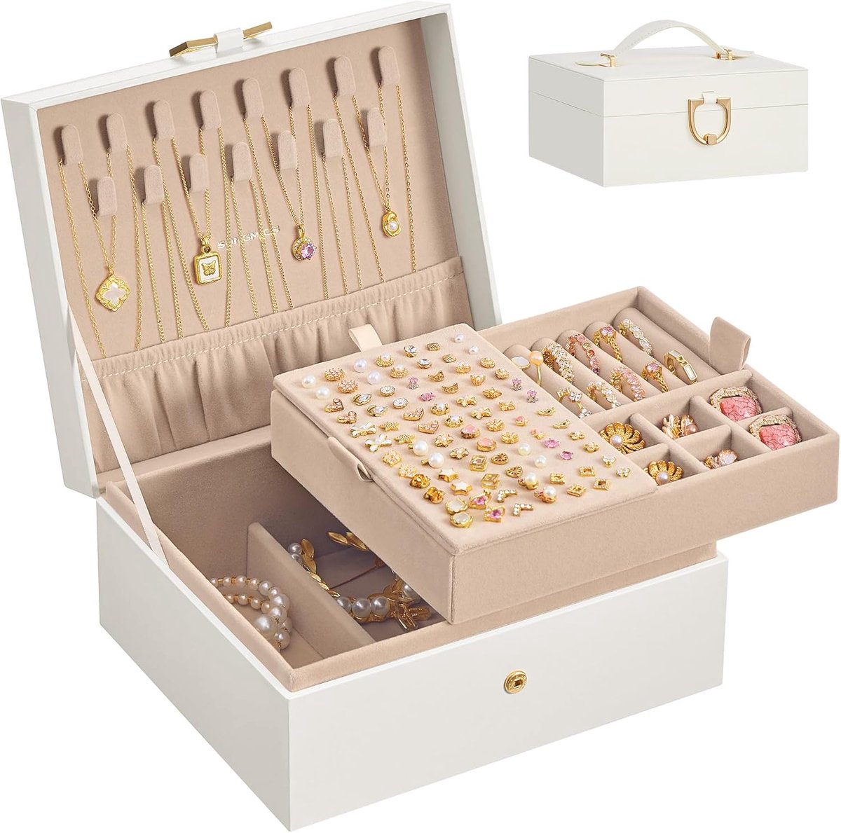 Famanu – Sieradendoos met 2 lagen, sieradenorganizer met uitneembare lade en draaggreep, voor kettingen, oorbellen en ringen, 17 x 20,5 x 9,5 cm