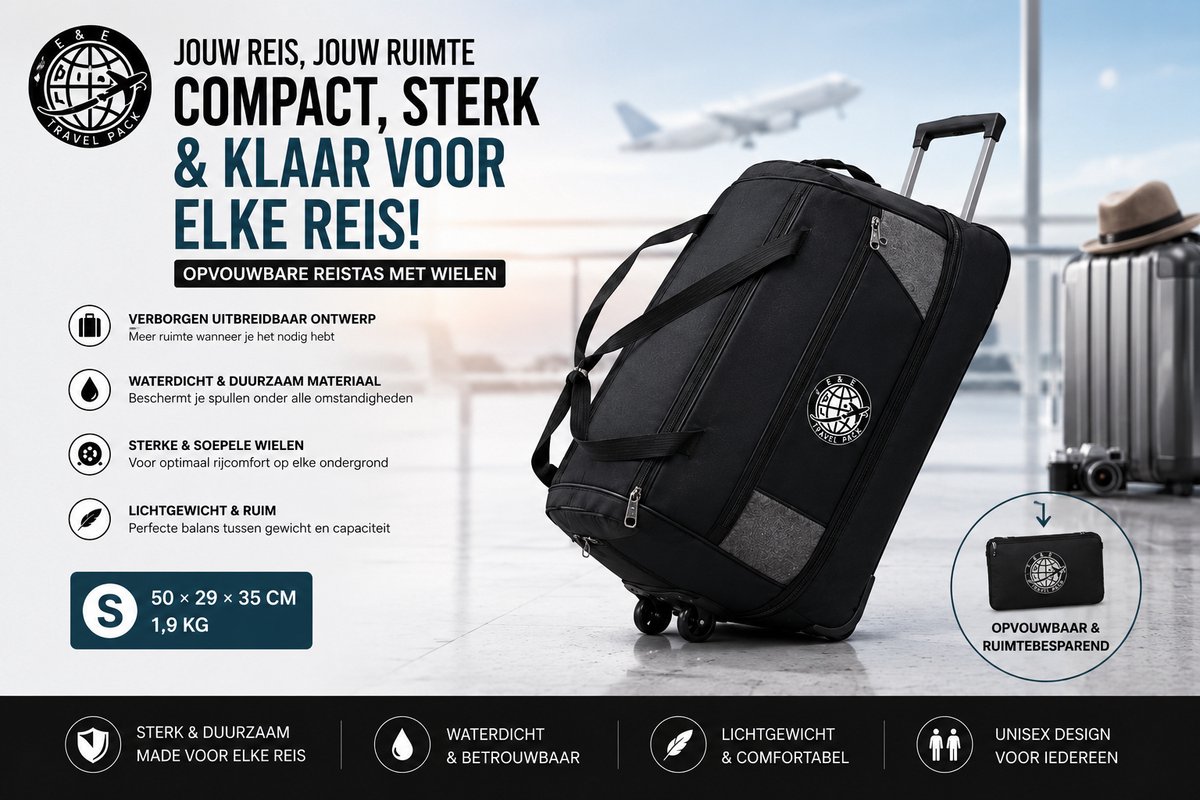 Nieuw! Small Opvouwbare Reistas met Wielen– S-Waterdichte Trolley Reistas–Compacte Reis Tas Handbagage–Opvouwbaar & Ruimtebesparend Sterke Wielen Weekendtas Vakantie Sporttas–E&E Travel Pack–Ideaal voor Vliegtuig & Auto-Zomer-Vakantie-Auto-Reizen2026