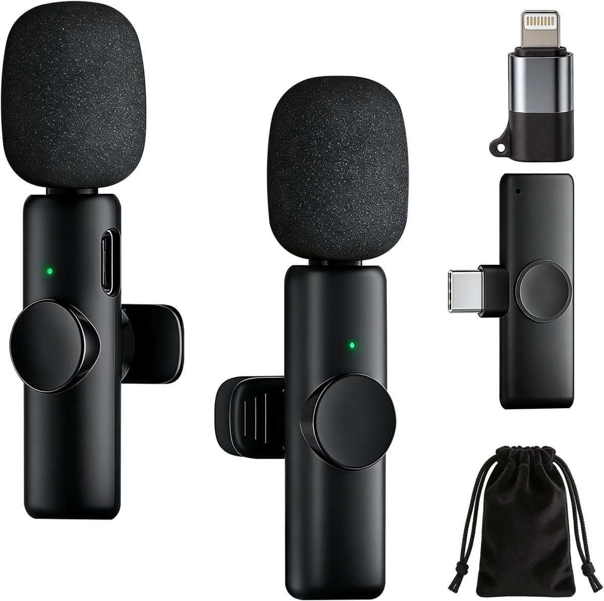2 stuks draadloze lavaliermicrofoons, minimicrofoons met ruisonderdrukking, plug & play, USB-C + Lightning voor iPhone en Android mobiele telefoons, ideaal voor interviews en TikTok-vlogs