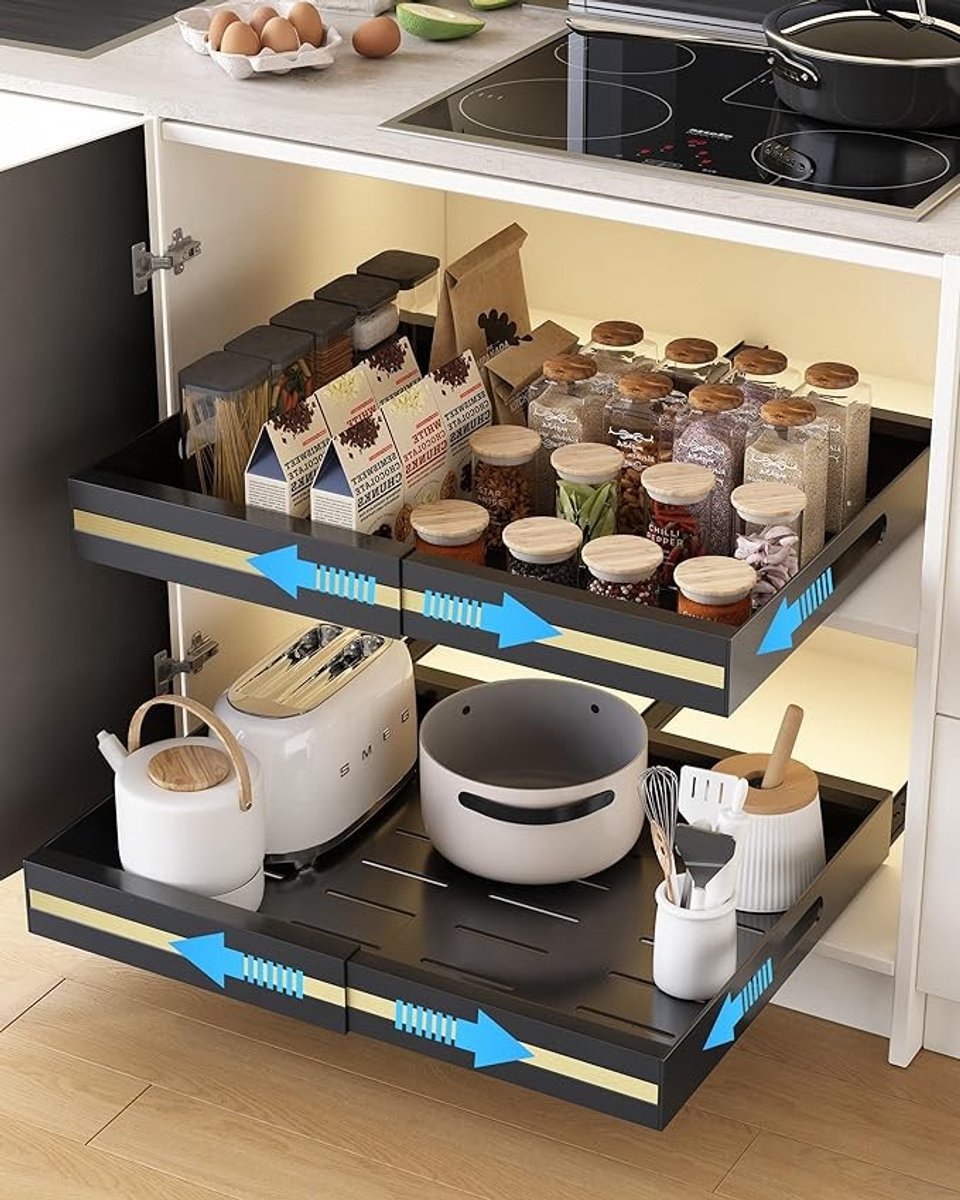 Uitschuifbare keukenlade met lijm, 2 stuks, telescopische organizer voor kast, zwart