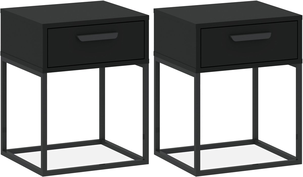 KONSIMO® RECTUS Nachtkastje Set van 2 - met lade - Bijzettafeltjes (2 stuks) - Zwart - 40x52x39 cm