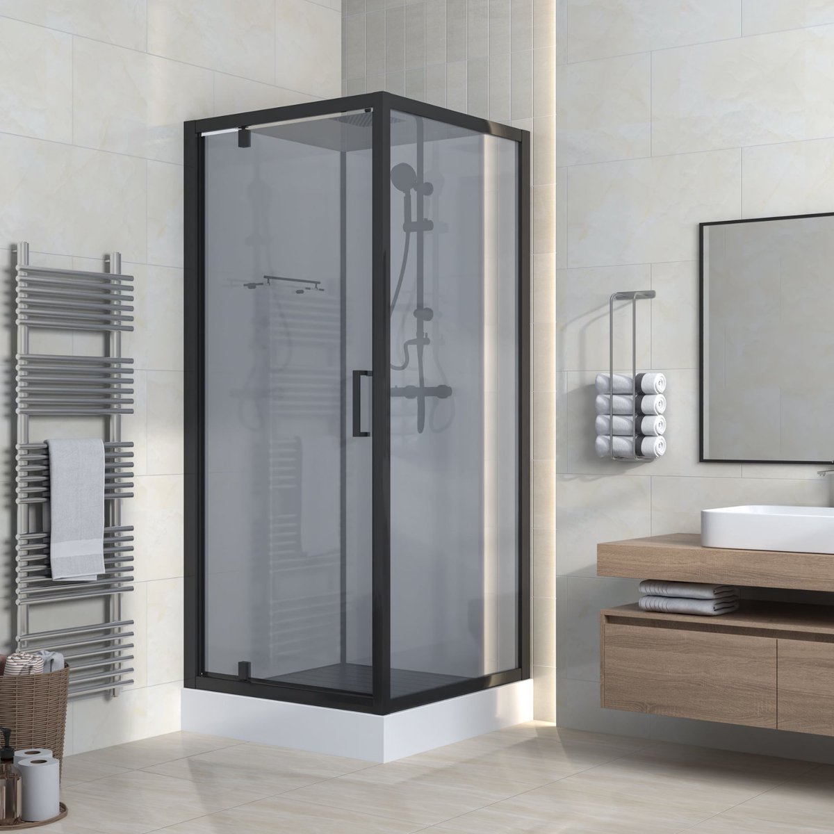 MARANI Complete Douchecabine met Draaideur – 90x90x225 cm – Mat Zwart – Grijs Rookglas – Omkeerbaar