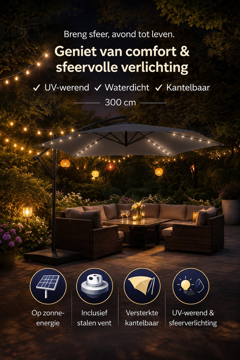 Jurrys Parasol - Zweefparasol - Schaduwdoek - Tuinparasol - Inclusief verlichting - Complete set - Polyester - Grijs - 300cm – foto 6
