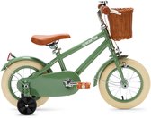 Groene kinderfiets met mand, bruin zadel, bruine handvatten, witte handvatten en oranje pedalen. Met zijwieltjes en reflector.