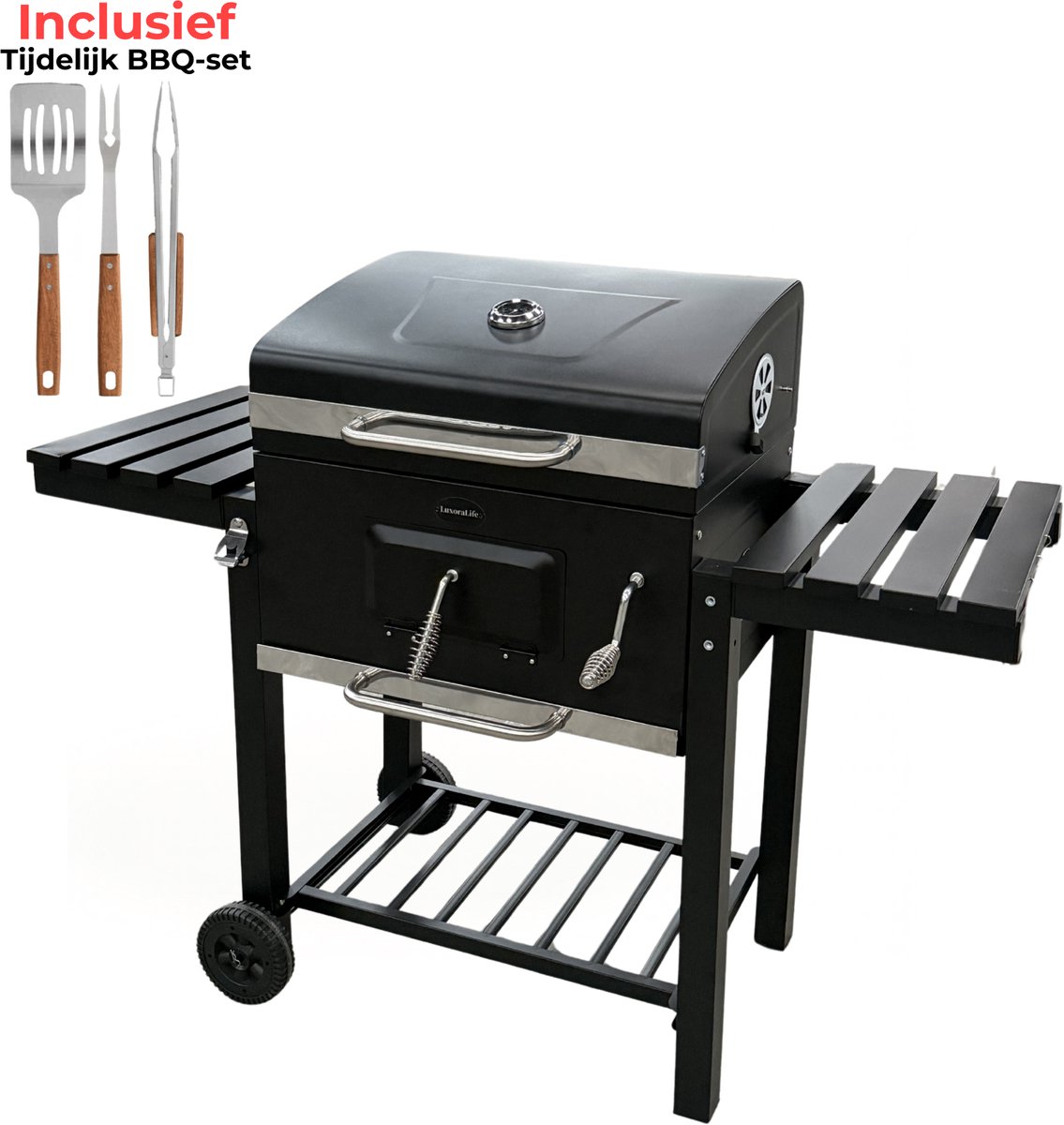 Luxoralife Houtskool BBQ- smokerbarbecue- PFAS Vrij - bbq houtskool- Verstelbaar Kolenrooster - 42x57cm Grilloppervlak - Zijpanelen - Zwart