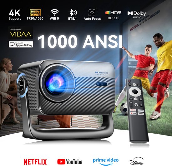 Blackview PV1000 Max beamer 1800 ANSI Lumens 1080P FHD 4K decodering Dolby Audio 360° gimbal TOF autofocus