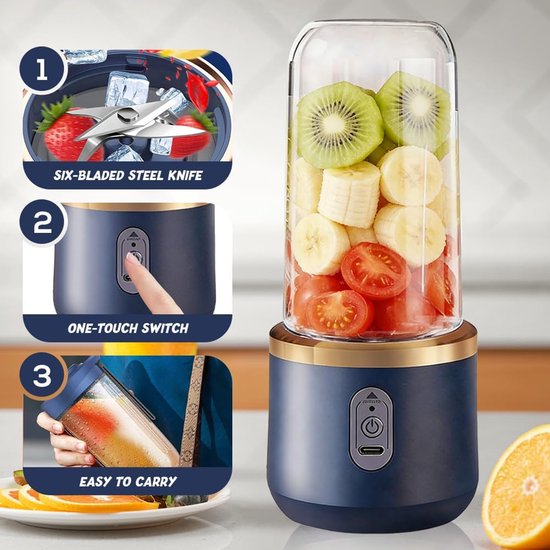 Draagbare blender - 400 ml - met reservebeker - USB oplaadbaar - kleine draagbare blender - 6 modellen beschikbaar - mini blender - geschikt voor het maken van smoothies, sappen en sorbets (blauw). van Andyou — afbeelding 3