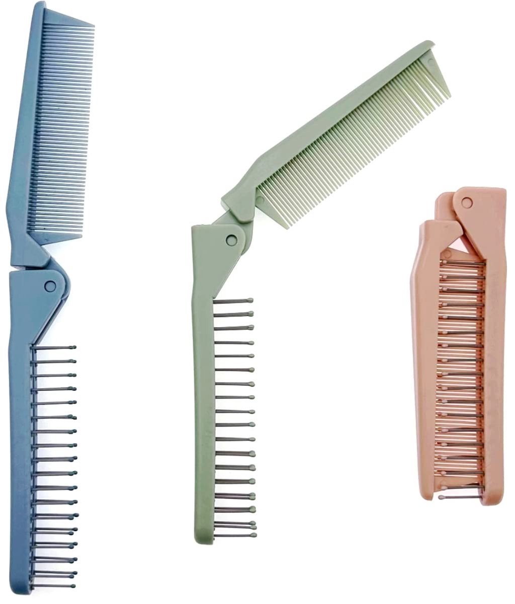 Jhubersproducts - opvouwbare haarborstelkam - compacte zakborstel - massagefunctie - blauw groen nude roze - voor vrouwen en meisjes - 3x set