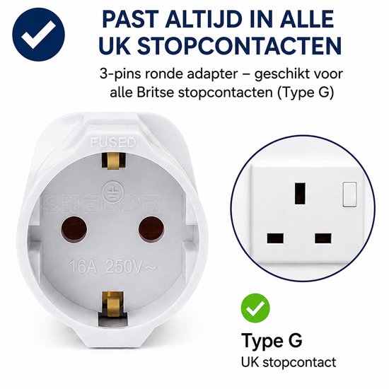 Witte reisstekker met type G Britse stekker en EU stopcontactaansluiting, 16A 250V~.