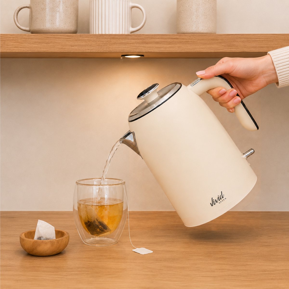 Vivid Green Luxe Waterkoker 1.7L - Retro Design - 2200W - BPA-vrij - 360° - RVS - Creme — afbeelding 5
