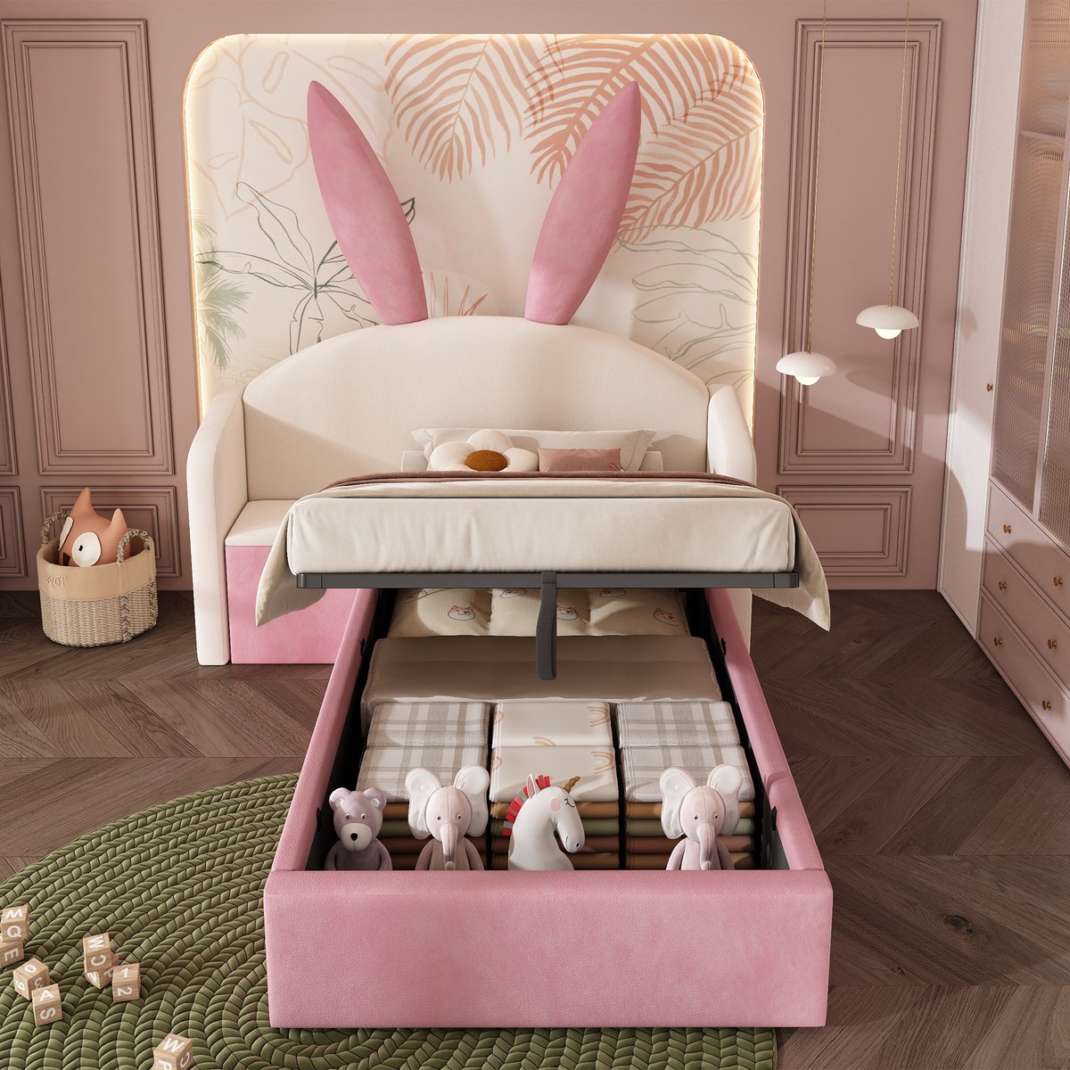 Merax Kinderbed 90x200 cm - met opbergruimte en nachtkastje - konijnenoor-ontwerp - zonder matras - roze en beige