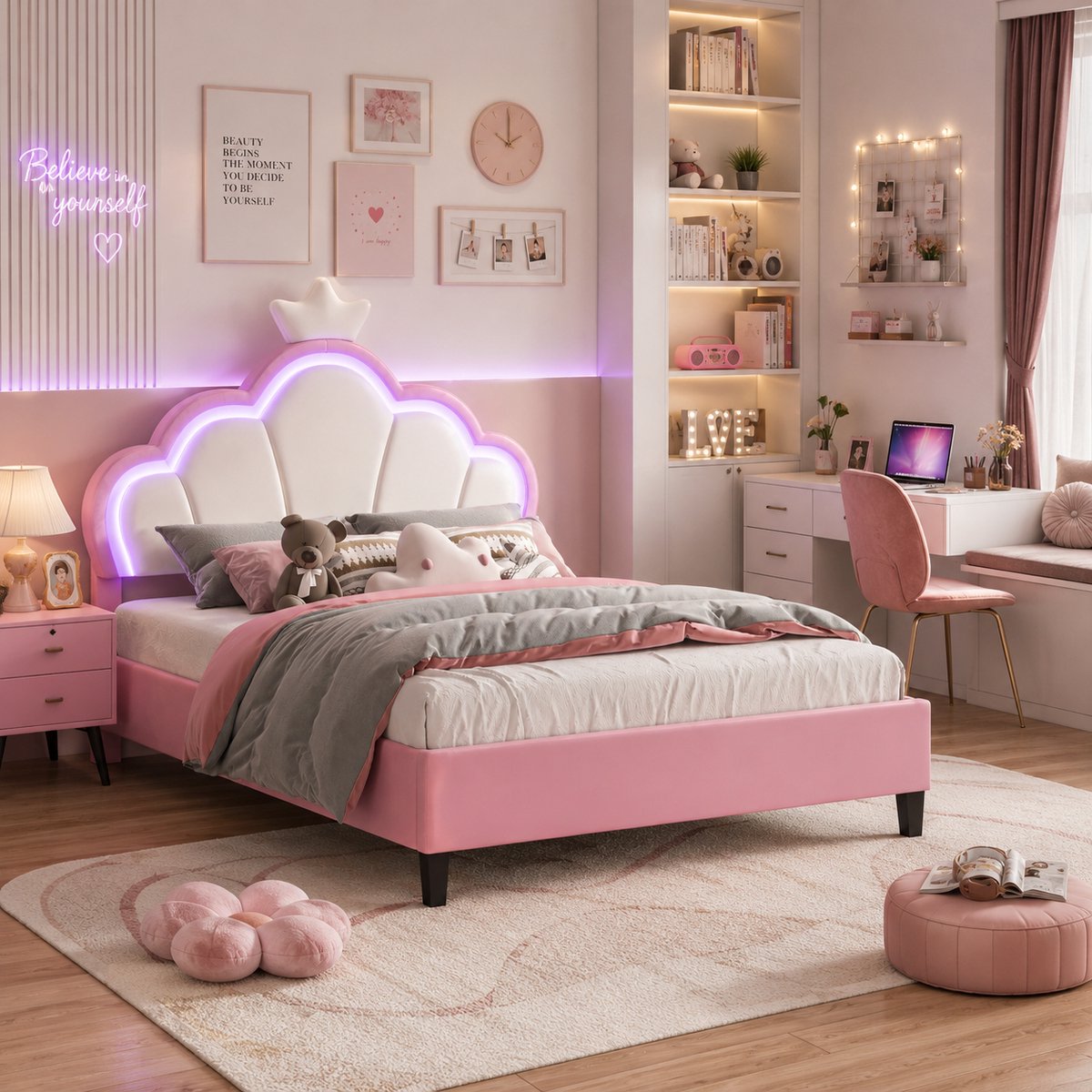 MEXUS Gestoffeerd meisjesbed 140x190cm met ledverlichting, kindertweepersoonsbed met in hoogte verstelbaar hoofdeinde, lattenbodem, jeugdbed, Roze fluwelen prinsessenbed
