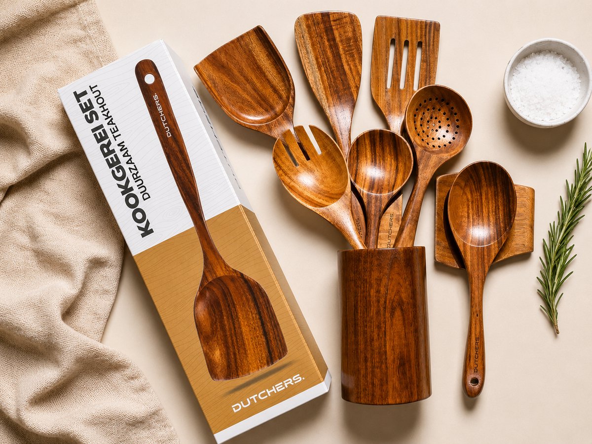 Dutchers® 9-delige Teakhouten Spatel set - Houten Spatels incl houder - Eco Vriendelijk - Soeplepel - Antiaanbakpan - Pollepels - Opscheplepel - Keuken lepel - Kookgerei - Wokspatel - Keukengerei - Geschenkset Vrouwen - Cadeau - Keukenaccessoires