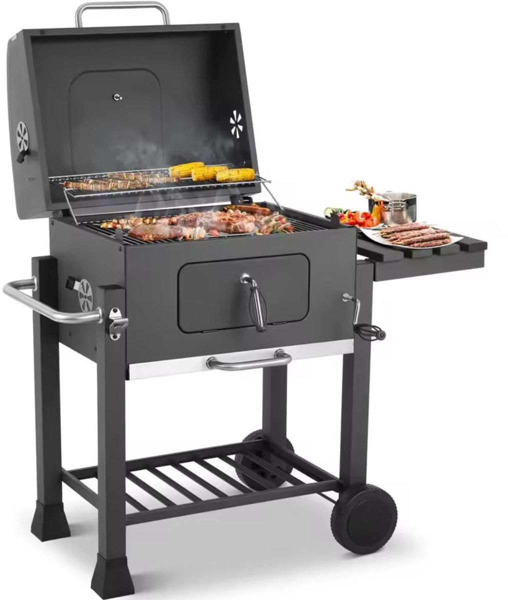 Houtskoolgrill met opvouwbare bijzettafel - BBQ-grill - buitenpicknicks - achtertuingrillen