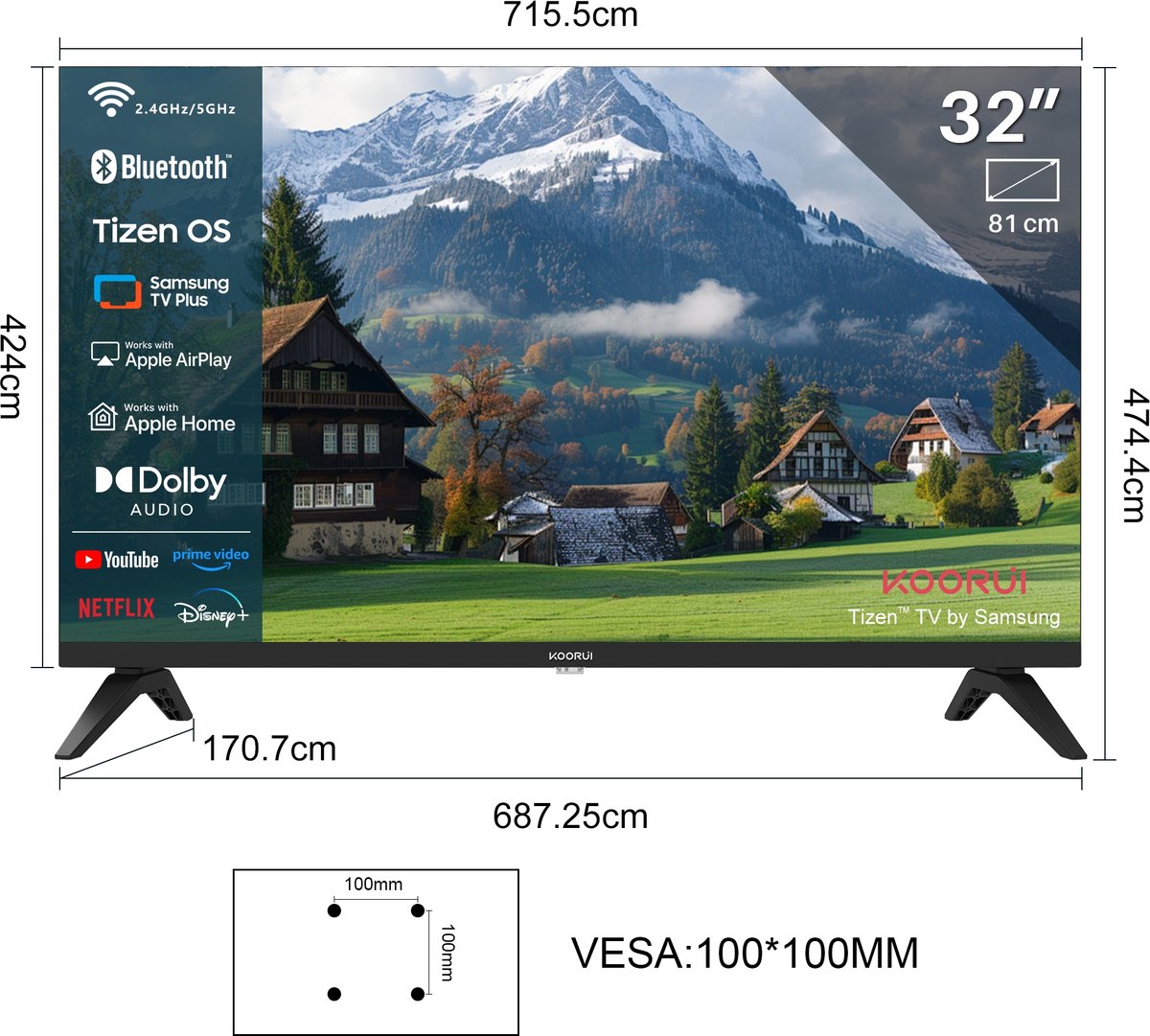 Koorui Smart TV - Tizen TV by Samsung - LED Full HD - 32 inch/81 cm - Streaming apps - AirPlay - Hotelmodus - HDMI x3, USB x2, CI+ - Tripple Tuner DVB-T/T2/S/S2/C - Frameless Design - Enkelvoudige standaard - Geassembleerd in Nederland- K32Q1H-T8M thumbnail 6