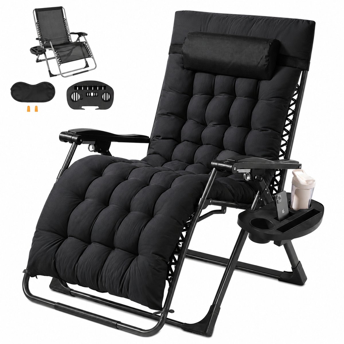 Sello! relaxstoel – tuinstoel – campingstoel – camping – voetensteun – kussen – bekerhouder – verstelbaar 90°-170° – opvouwbaar