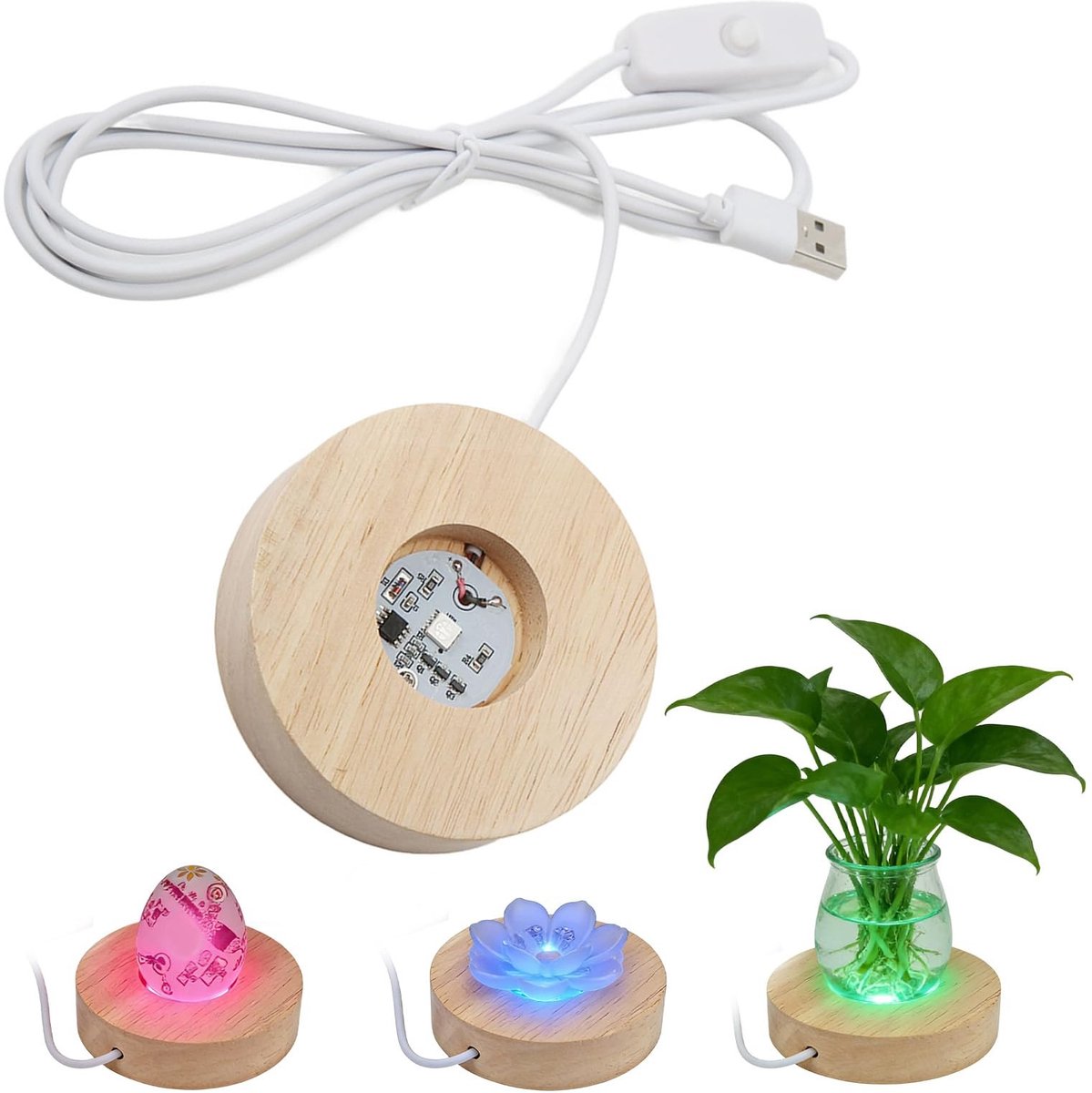 Vlemico - LED displaybasis - Kleurrijke LED-lampstandaard - Massief houten basis - USB-aansluiting - Voor kristallen glaskunst en sieraden - 8cm di...