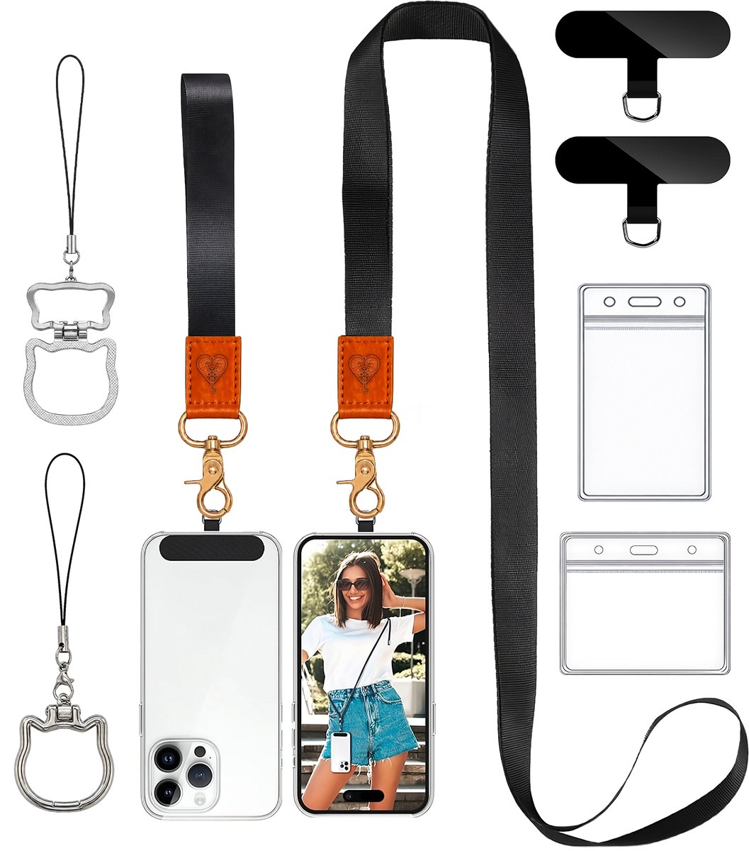 Universeel Telefoonkoord Set met 2 Bevestigingsplaatjes, Badgehouder & Sleutelhanger - Lanyard Keycord Strap - Sleutelkoord Telefoonketting - Telefoon Koord - Keykoord Pashouder- Phone Ketting/Cord -GSM Nekkoord Zwart
