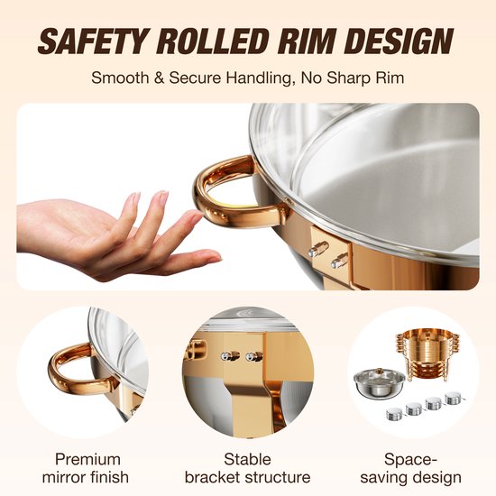 Warmounts Chafing Dish Set 4 stuks - 5QT Roestvrijstalen Buffetwarmer Rond Roségoud met Glazen Deksel & Dekselhouder - Stapelbare Party- en Cateringoplossing — afbeelding 3