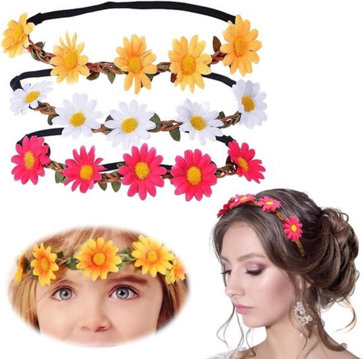 Hoofdband met bloemen - Verstelbaar voor festivals, bruiloften en feesten (wit, geel, roze)