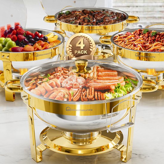 WARMOUNTS 4-delige Luxe Goudkleurige Ronde RVS Chafing Dish Set 4,7L – Buffetverwarmer voor Thuis, Party, Kerst, Feestdagen en Bruiloften — afbeelding 2
