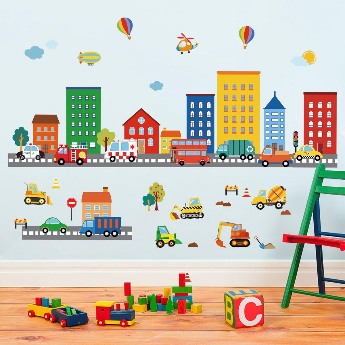 Dailygoods - Vervoer Road Muurstickers - Kinderkamer Decoratie - Stads Thema - Muur Decor - Auto's en Vrachtwagens - Voor Jongens - 8 Onderdelen