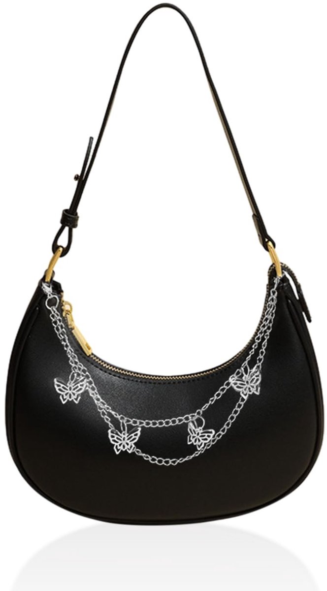 Stijlvol Zwarte Schoudertas met Vlinderketting Halfmoon