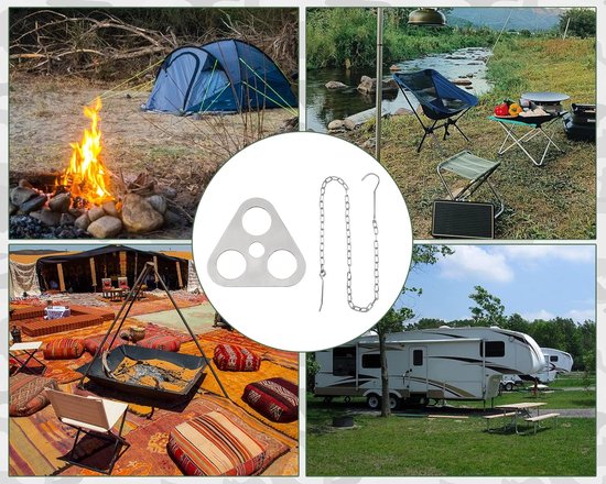 1 set - Roestvrijstalen kampvuurstatief - Geschikt om aan boomtakken in de natuur te hangen - Steun voor kookgerei - Outdoor kampeeraccessoires - 105 cm - Voor kampvuurplaatsen, buitenovens, het ophangen van kookgerei en koken - Zilver — afbeelding 4