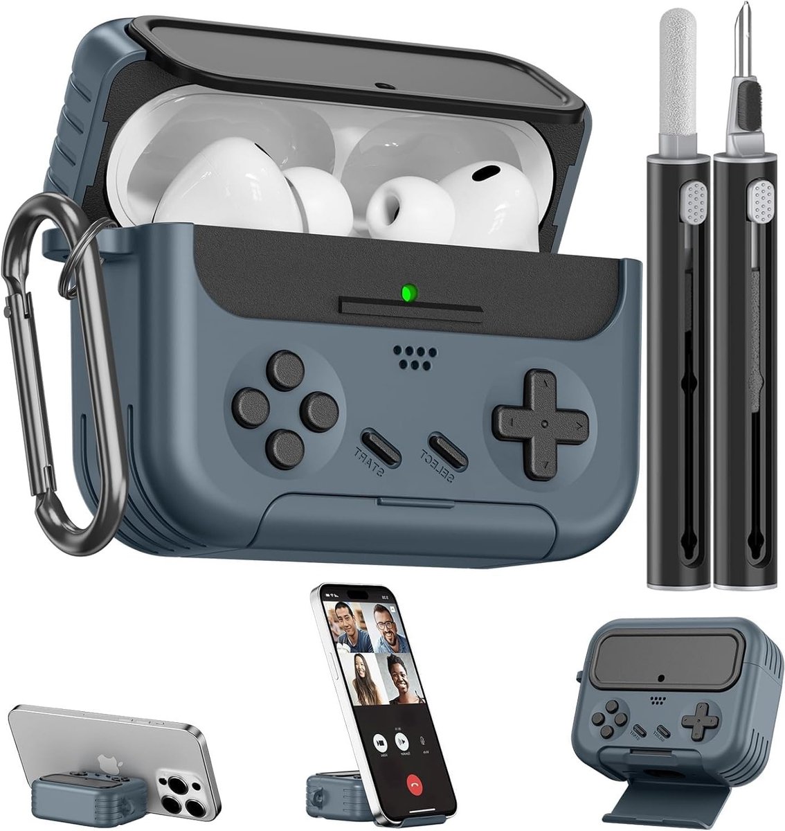 Hoes voor AirPods Pro 3 met telefoonhouder en reinigingsset, stevig TPU met grappig gameconsole-design, compatibel met Apple AirPods Pro 3 (2025)