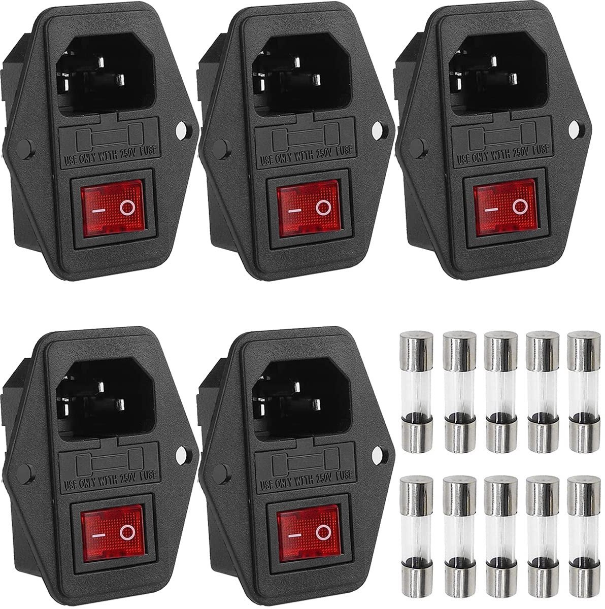 Dailygoods - Inlaatmodule Stopcontact - 5 Stuks IEC320 C14 - 10A 250V Stekker met 5A en 10A Zekeringen - Voor Rocker Switch en Voeding - Betrouwbaar e