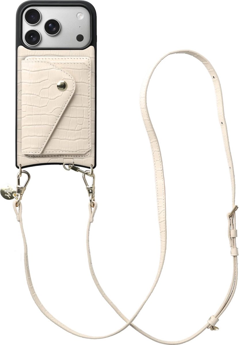 AVY Leren Hoesje geschikt voor Apple iPhone 17 Pro | Met Koord en Kaarthouder | Compatibel met MagSafe | Leather Case met Crossbody Koord & Wallet | Long Leather | Croco Beige