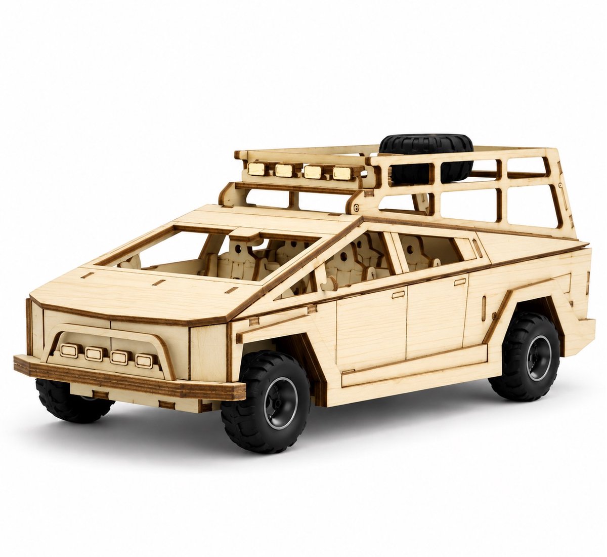 Stoere houten Terreinwagen met Pull-Back Mechanisme 82 onderdelen DIY Modelbouw