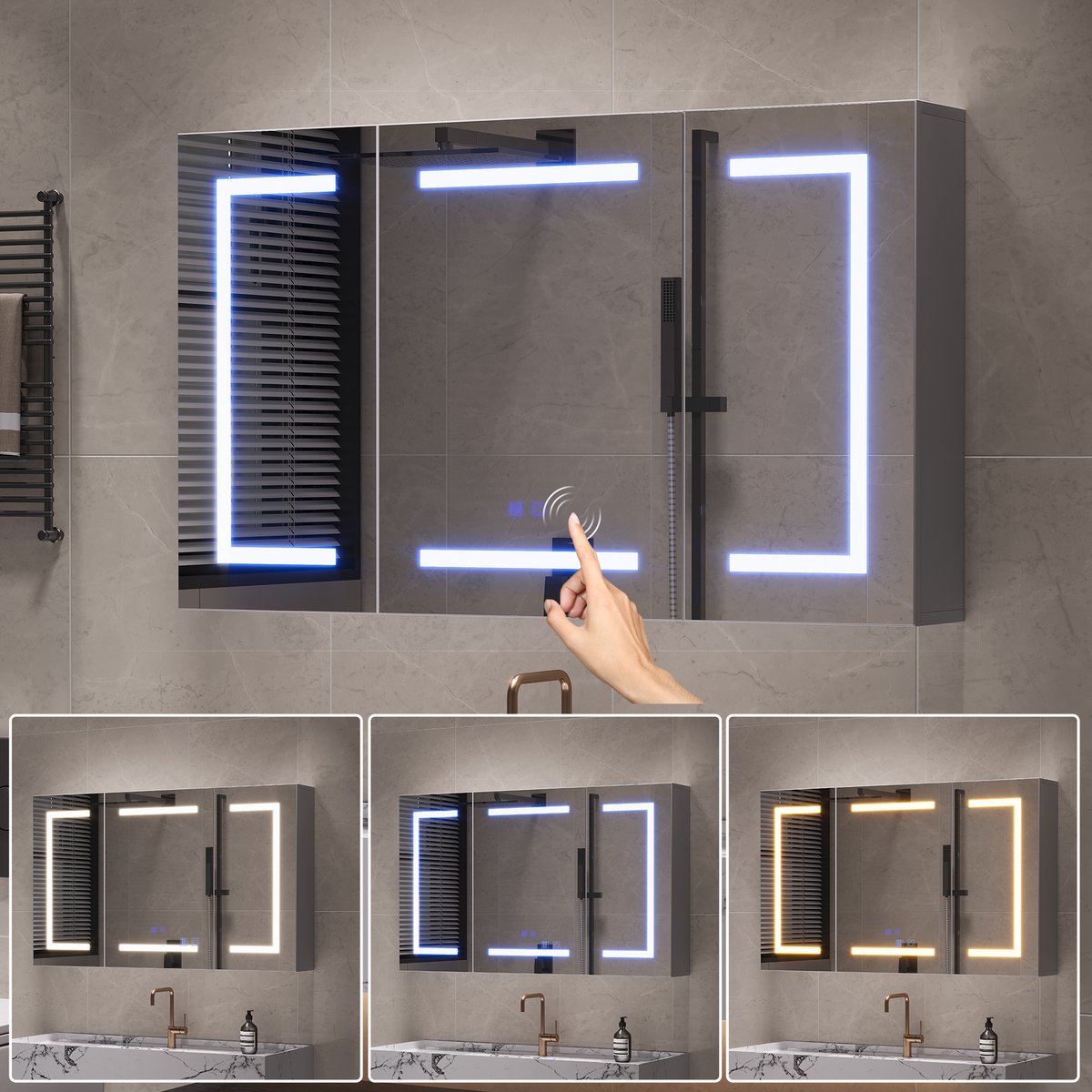 Badkamers piegelkast met verlichting - anticondensfunctie - drie deuren en verstelbare planken - LED-badkamerspiegelkast - 100.4 x 13.5 x 60cm