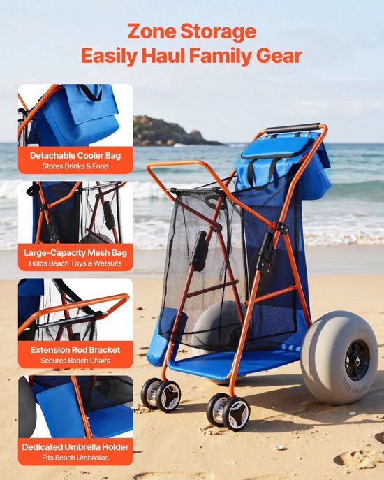 Strandkar - Opvouwbare Bolderkar - Ballonbanden 30 cm - Geïsoleerde Koeltas - Parasolhouder - Draagvermogen 75 kg - Tot 4 Strandstoelen - Geschikt voor Kamperen en Vissen — afbeelding 4