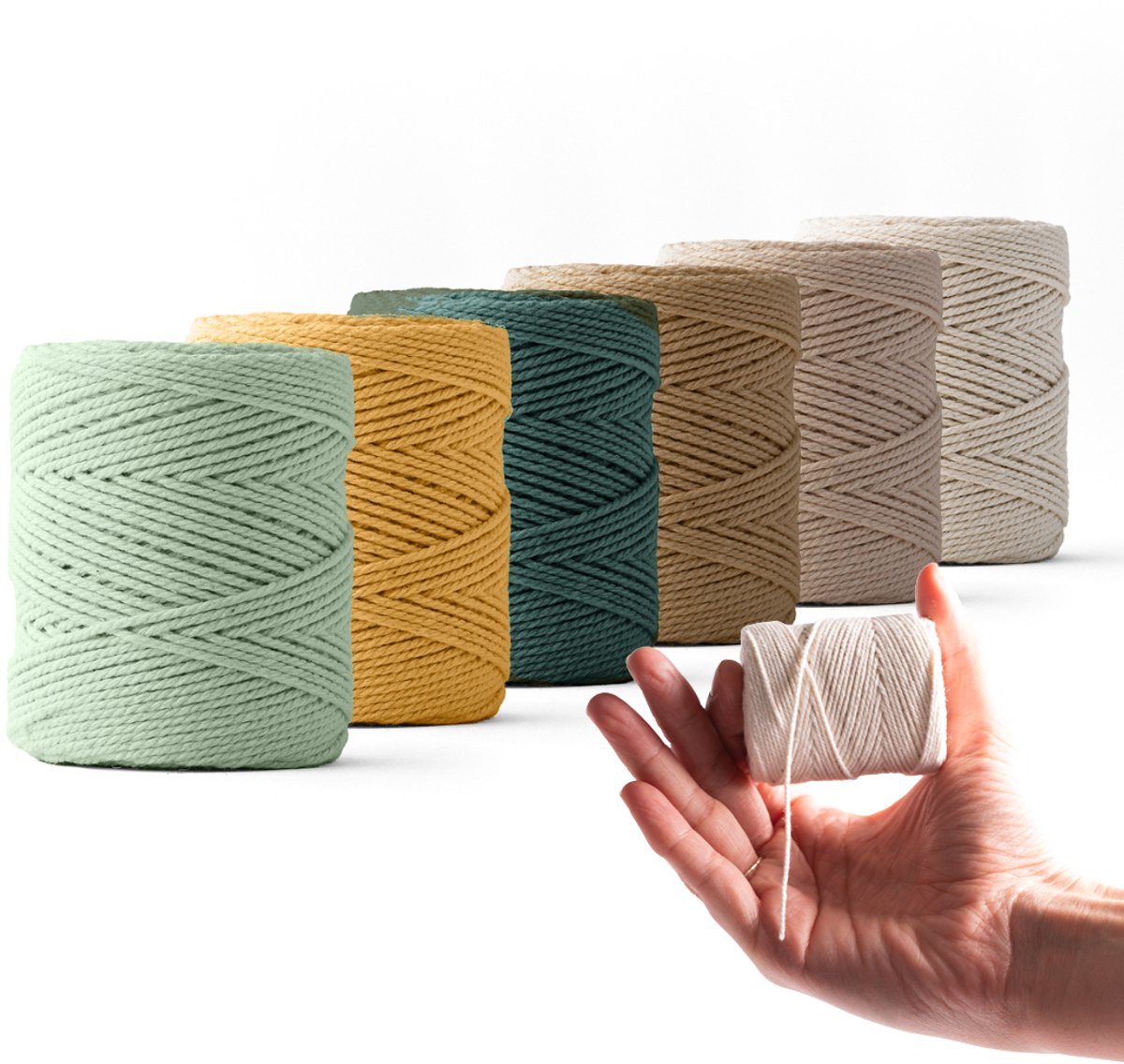 Ledent macramé touw, (1mm, 6 x 65M), dubbel getwist - 100% geregenereerd katoenkoord - Macramé touw in setje 6 kleine rolletjes in verschillende natuurlijke kleuren om mee te knutselen.