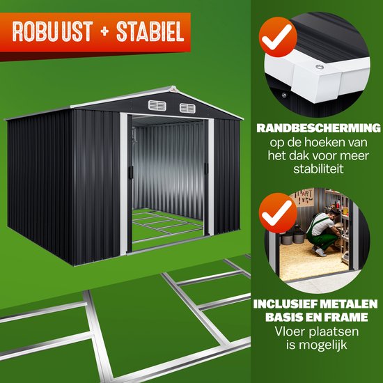 Zwarte berging met dubbele deuren, metalen frame en dakrandbescherming. Robuust en stabiel.
