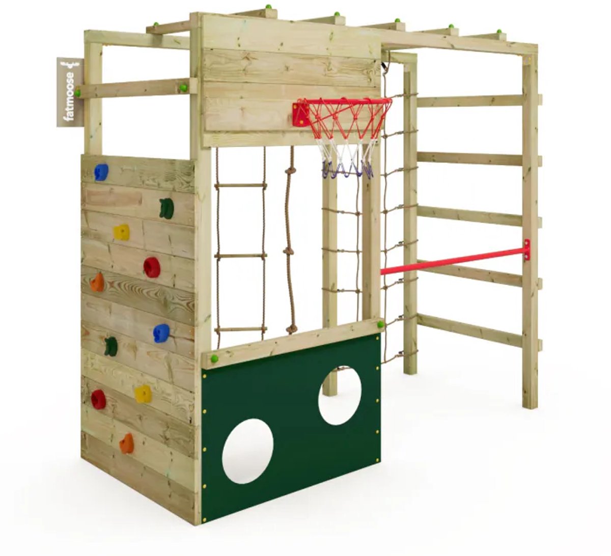 Fatmoose CleverClimber Club XXL Klimtoren - Klimnet met klimwand en turnstang - Basketbalring - L250 x B105 cm - Groen