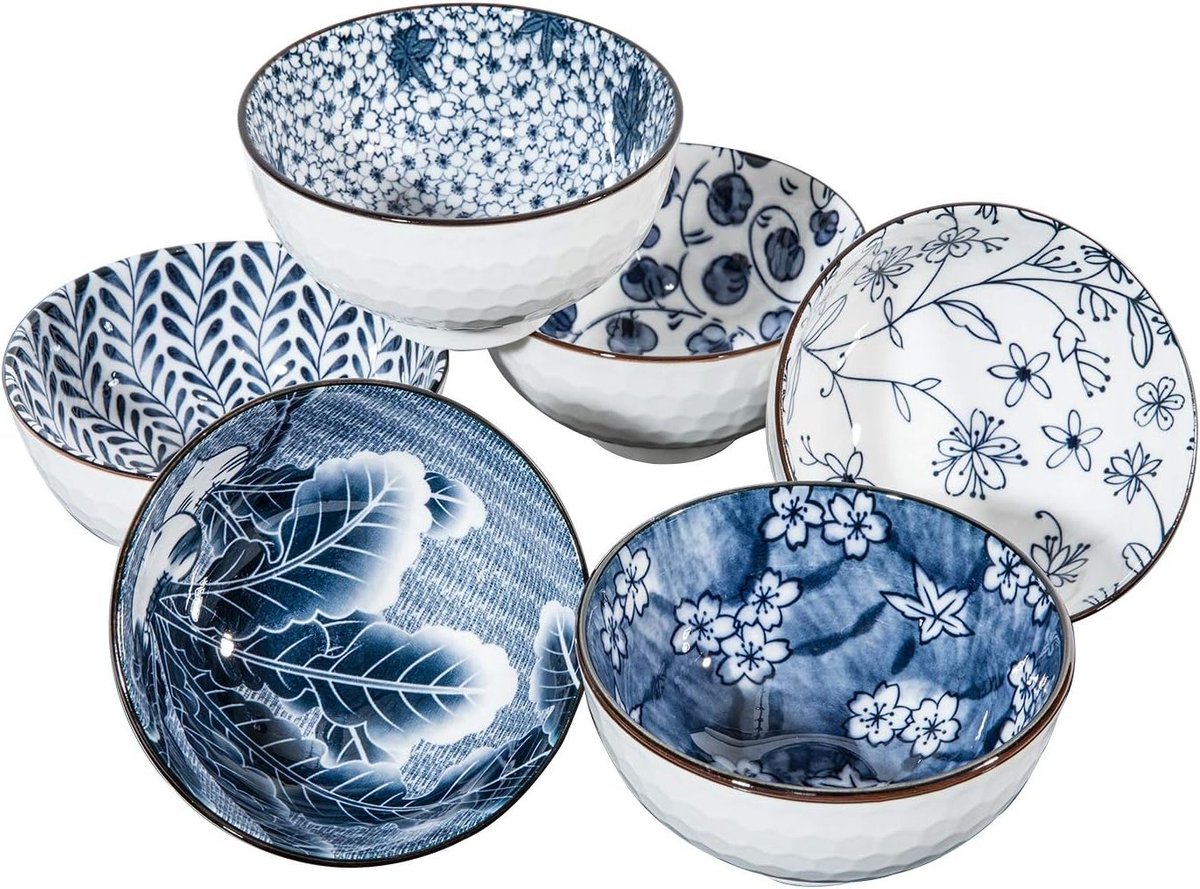 Set van 6 Japanse stijl cereal- en saladeschalen in blauw en wit, magnetronbestendig, 15 cm