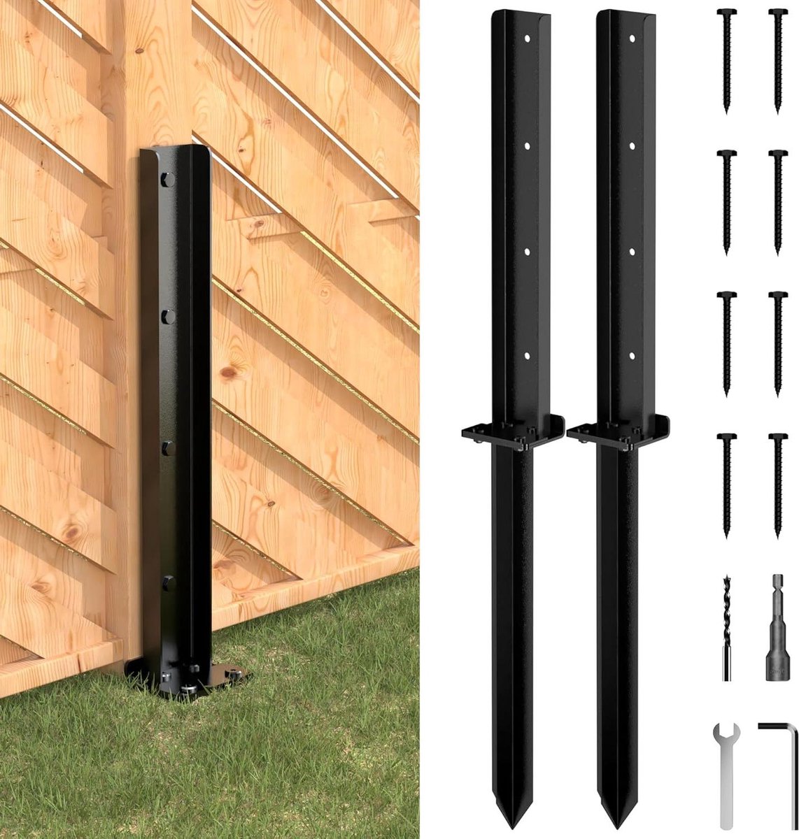 Hekpaal reparatieset - Palen anker - Hekken stabiliseren - Dubbele ingebedde platen - Heavy Duty 32 inch - Zwart