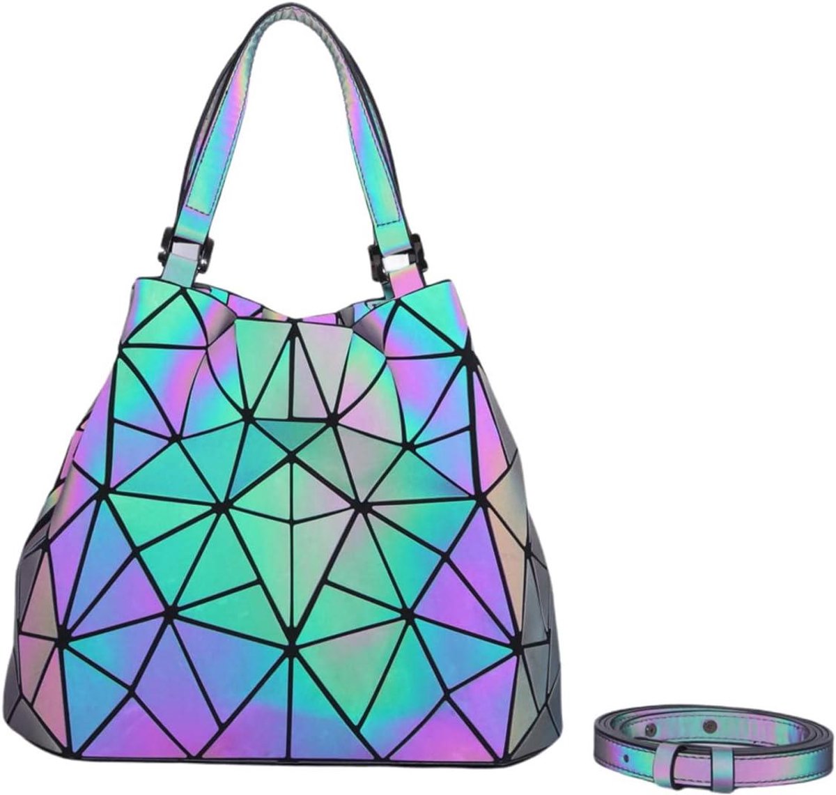 Geometrische Vrouwen Handtas - Holografische Schoudertas - Opvallend Verschijnen - Lichtgevend Reflecterend Materiaal - 29cm x 13cm x 42cm - Grijs