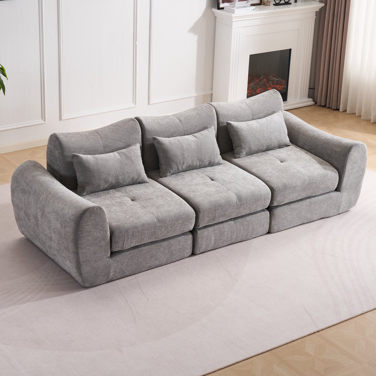 Multifunctionele Chenille Slaapbank – Opvouwbaar – Geschikt voor 3 Personen – Met 3 Kussens en Armleuningen – Comfortabel 3-in-1 Ontwerp – Te Gebruiken als Sofa, Ligstoel en Logeerbed – Ideaal voor Appartementen of Kleine Ruimtes-Grijs