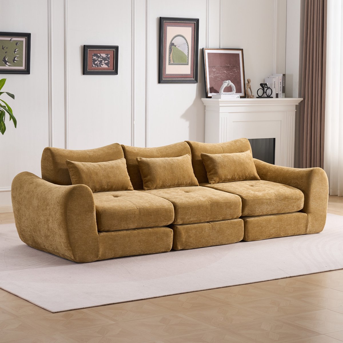 Multifunctionele Chenille Slaapbank – Opvouwbaar – Geschikt voor 3 Personen – Met 3 Kussens en Armleuningen – Comfortabel 3-in-1 Ontwerp – Te Gebruiken als Sofa, Ligstoel en Logeerbed – Ideaal voor Appartementen of Kleine Ruimtes– Geel
