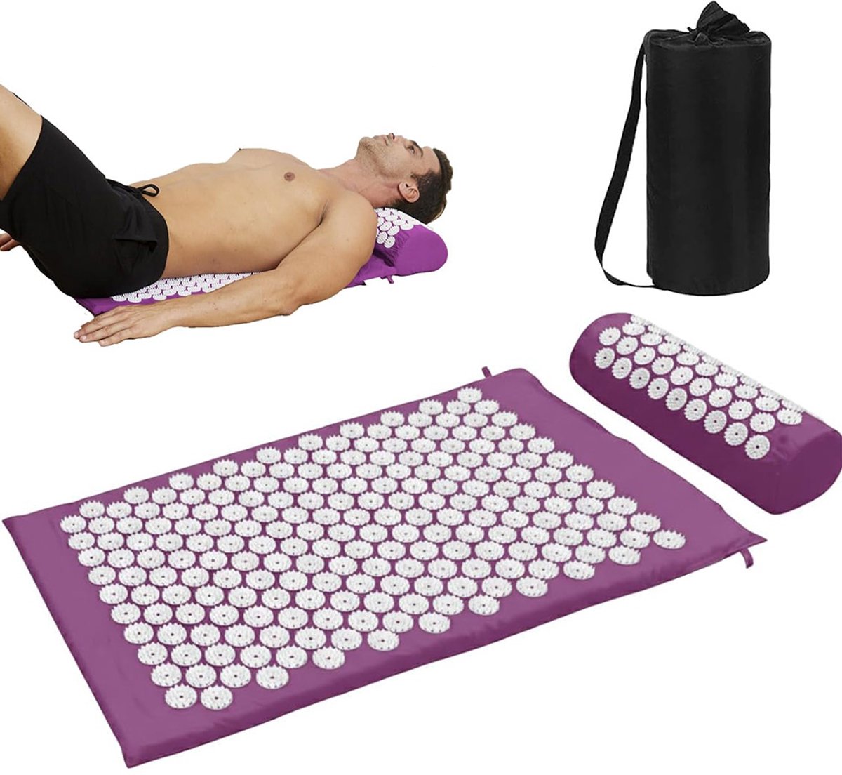 Spijkermat met Kussen - Acupunctuur Drukpunten Massagemat - Kussen voor Rustgevende Ontspanning en Massage - Massage en Ontspanning - 65x40x2 cm - Paars